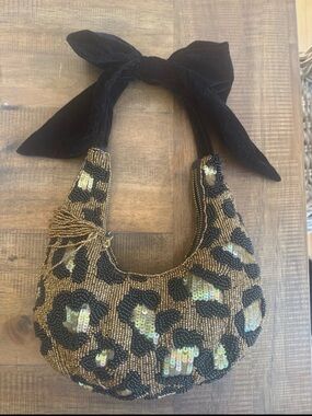 Beaded Leopard-Print Shoulder Bag with Black Velvet Tie